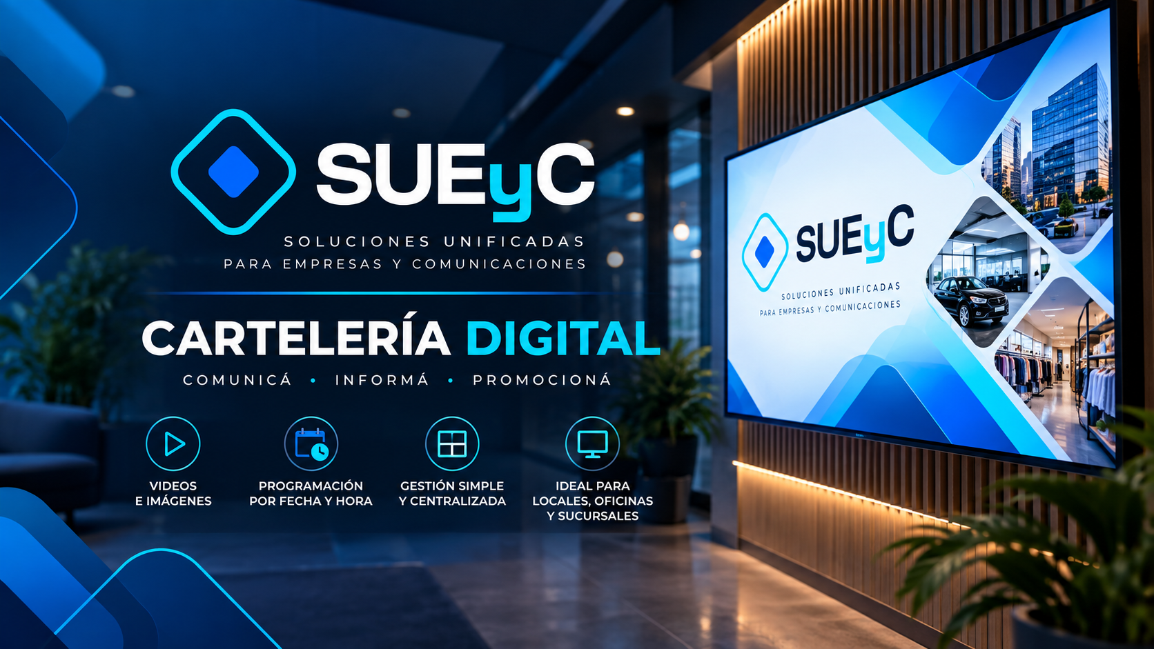Cartelería digital SUEyC instalada en pantallas comerciales
